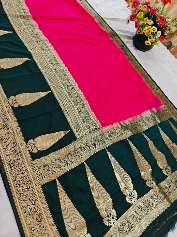 VIBRANT PINK KHADDI GEORGETTE WITH KAIRI BOOTA ON BLACK BORDER