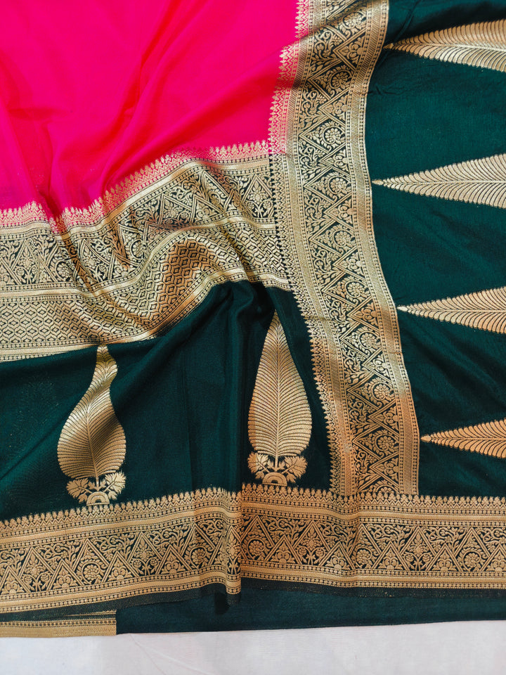 VIBRANT PINK KHADDI GEORGETTE WITH KAIRI BOOTA ON BLACK BORDER