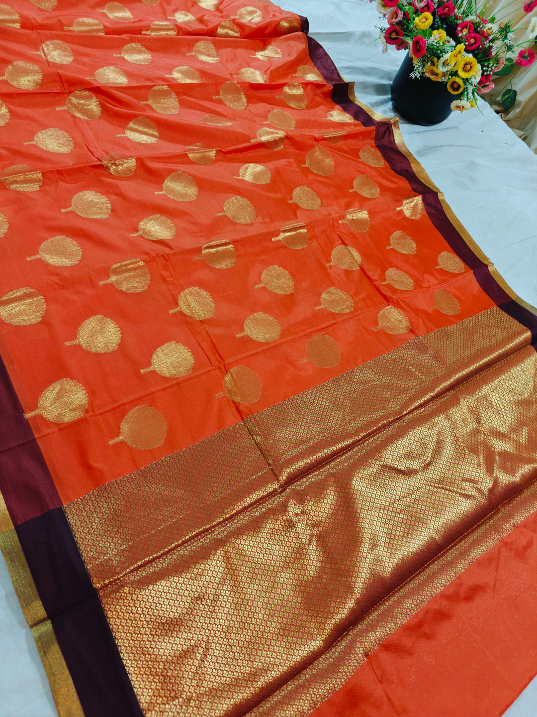 TANGY ORANGE BANARASI SOFT PATTU SILK WITH VINE COLOUR PATTU