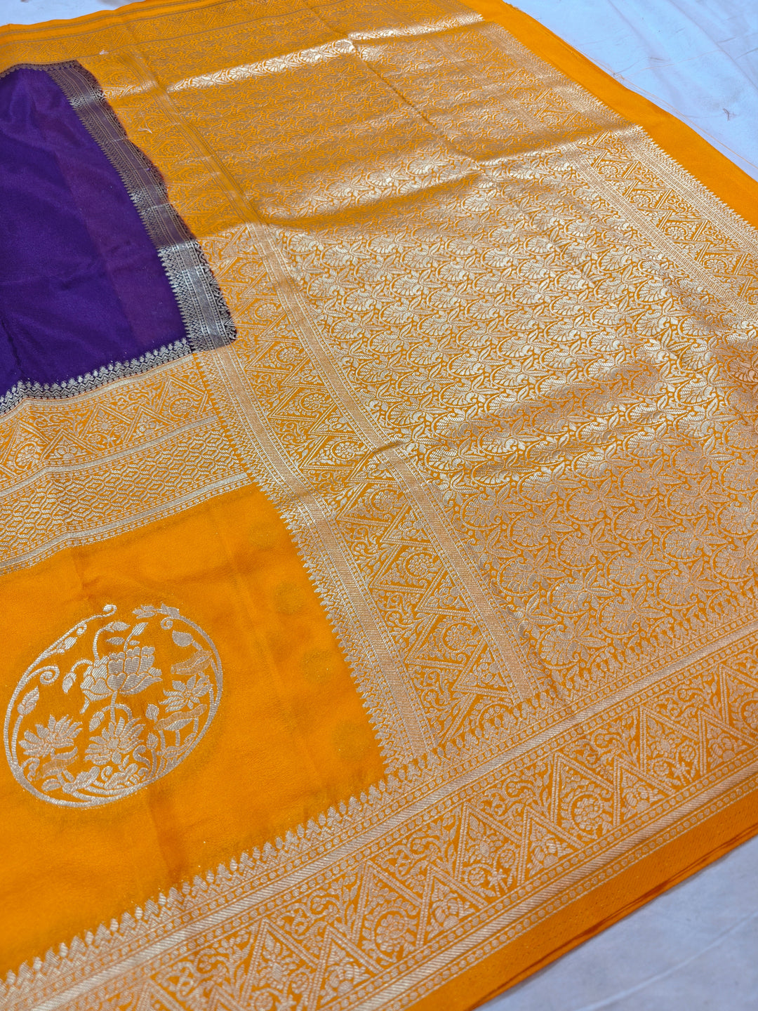 INDIGO KHADDI GEORGETTE WITH MUSTARD GOLD BORDER