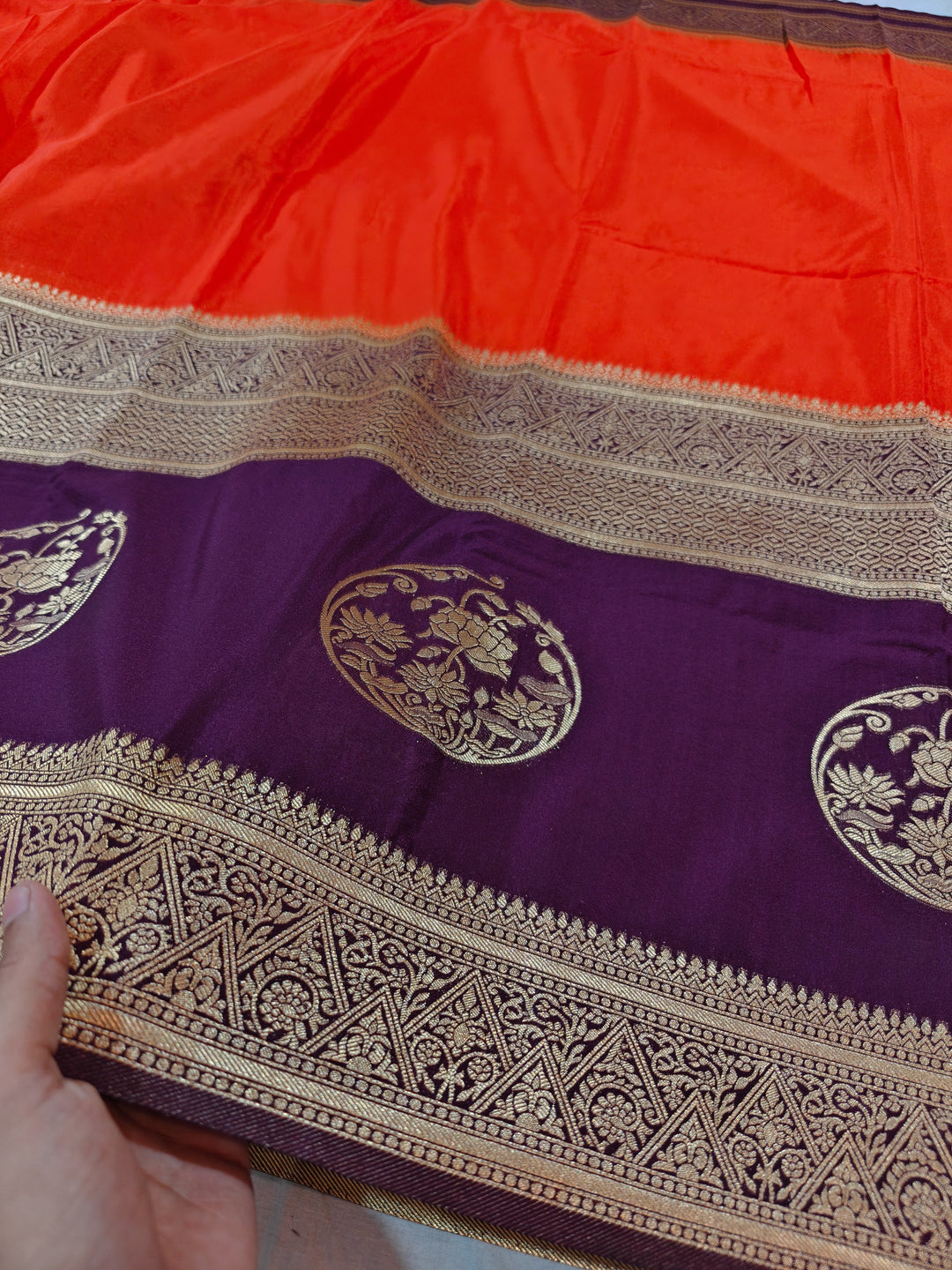 TANGY ORANGE KHADDI GEORGETTE WITH INDIGO BORDER