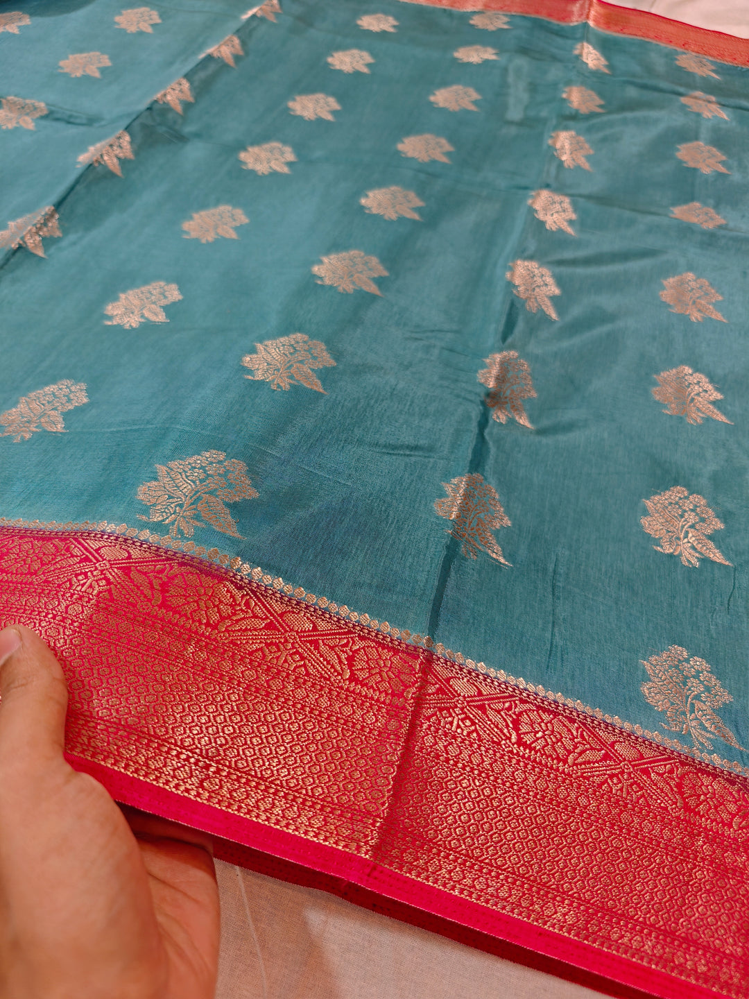 TORQOUISE BLUE RUSSIAN SILK WITH RED BORDER
