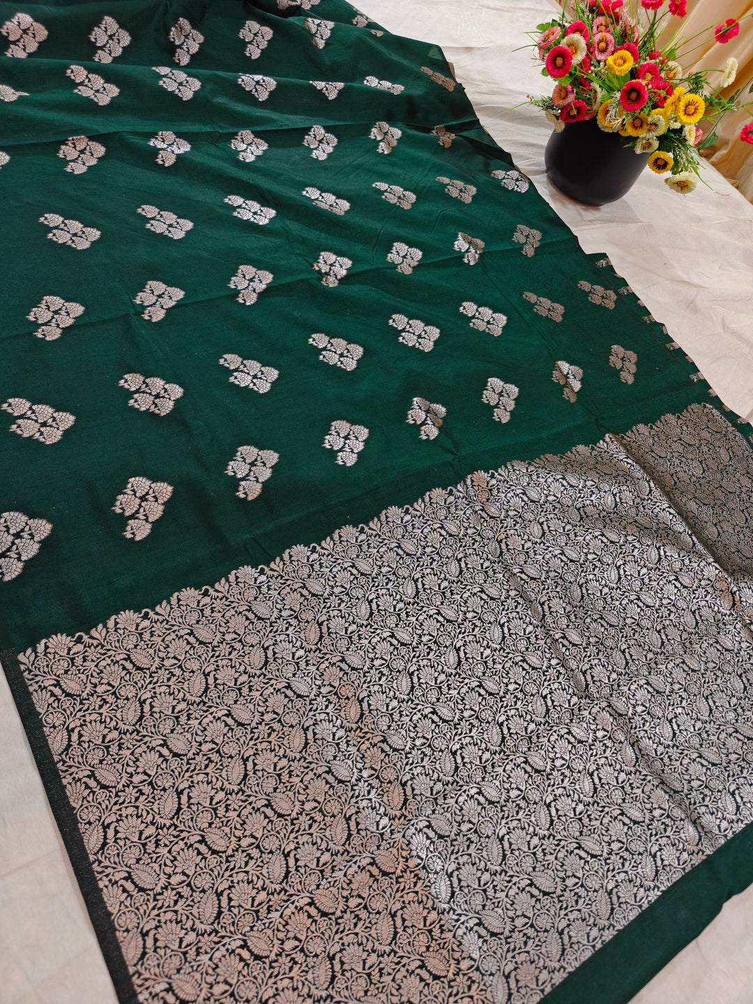 BOTTLE GREEN SEMI LINEN SILK WITH BOOTA
