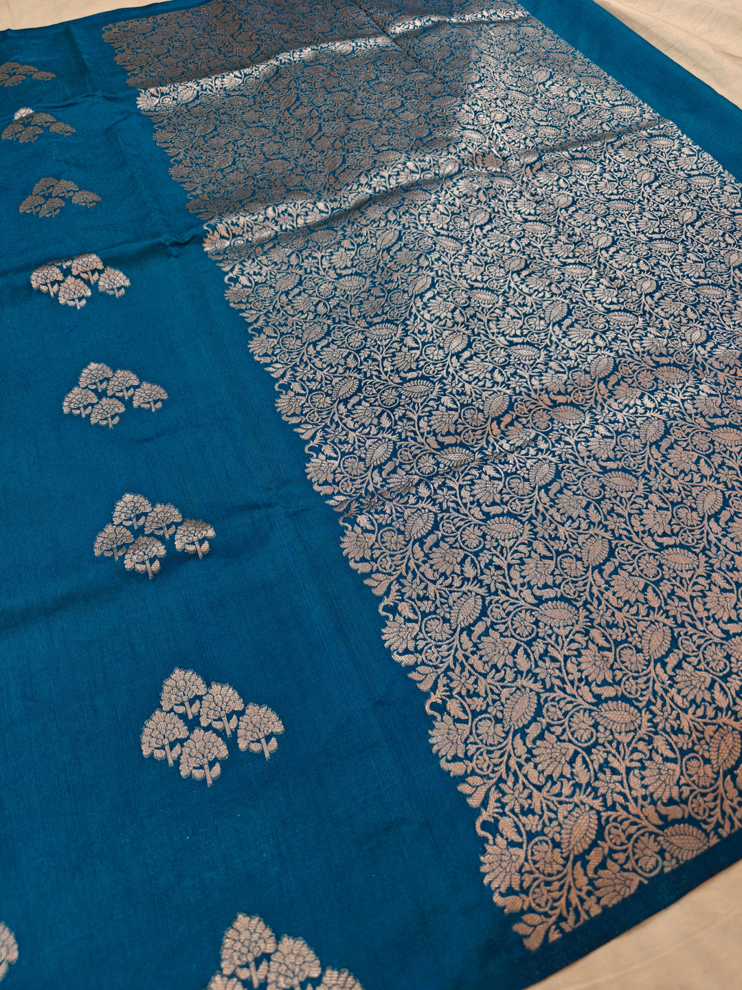OCEAN BLUE SEMI SILK LINEN WITH BOOTA ALLOVER