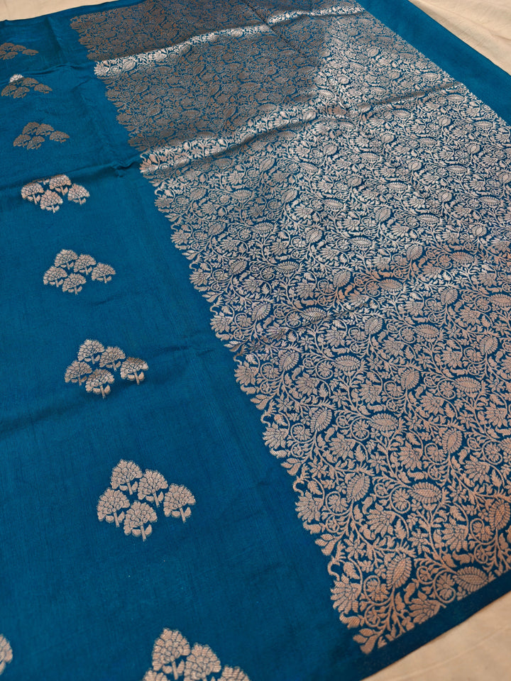 OCEAN BLUE SEMI SILK LINEN WITH BOOTA ALLOVER