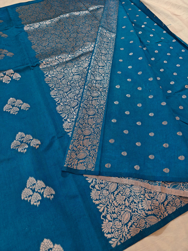 OCEAN BLUE SEMI SILK LINEN WITH BOOTA ALLOVER