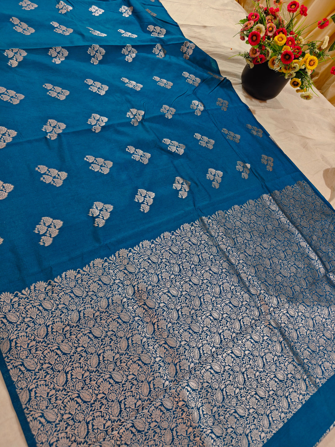 OCEAN BLUE SEMI SILK LINEN WITH BOOTA ALLOVER