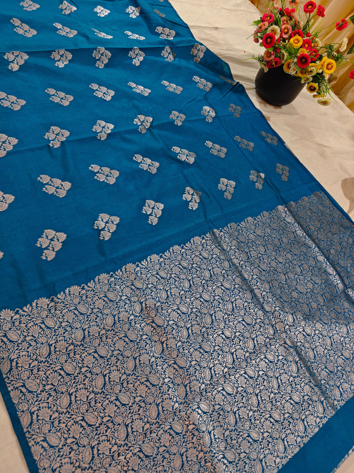 OCEAN BLUE SEMI SILK LINEN WITH BOOTA ALLOVER