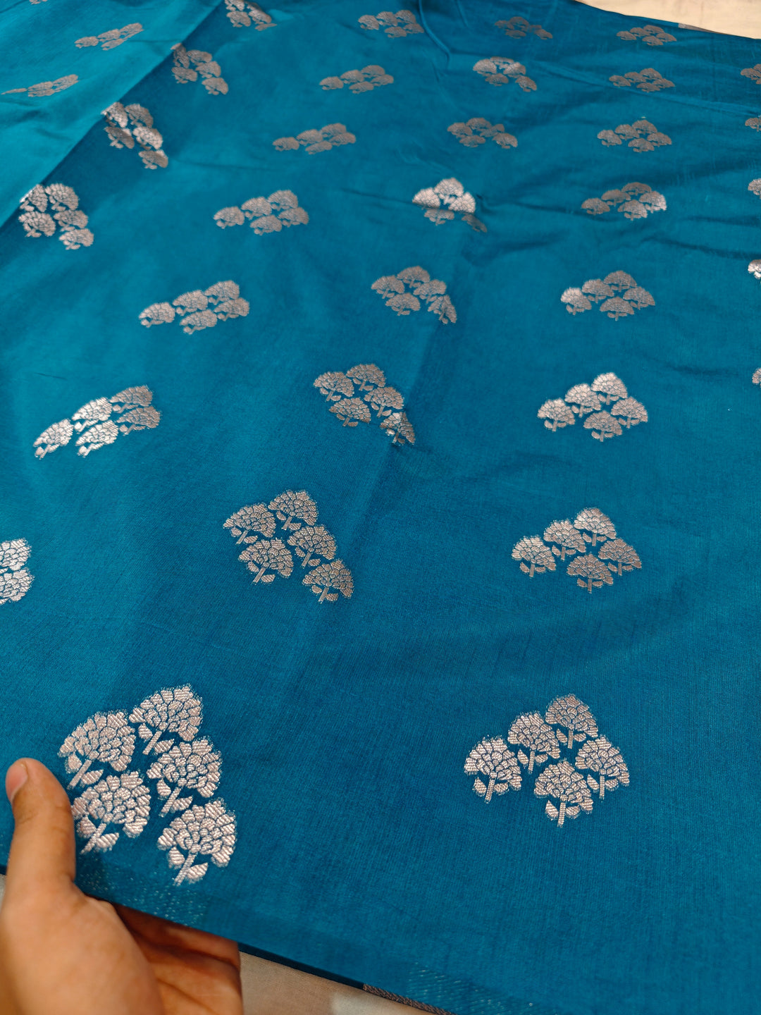 OCEAN BLUE SEMI SILK LINEN WITH BOOTA ALLOVER