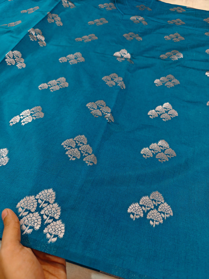 OCEAN BLUE SEMI SILK LINEN WITH BOOTA ALLOVER
