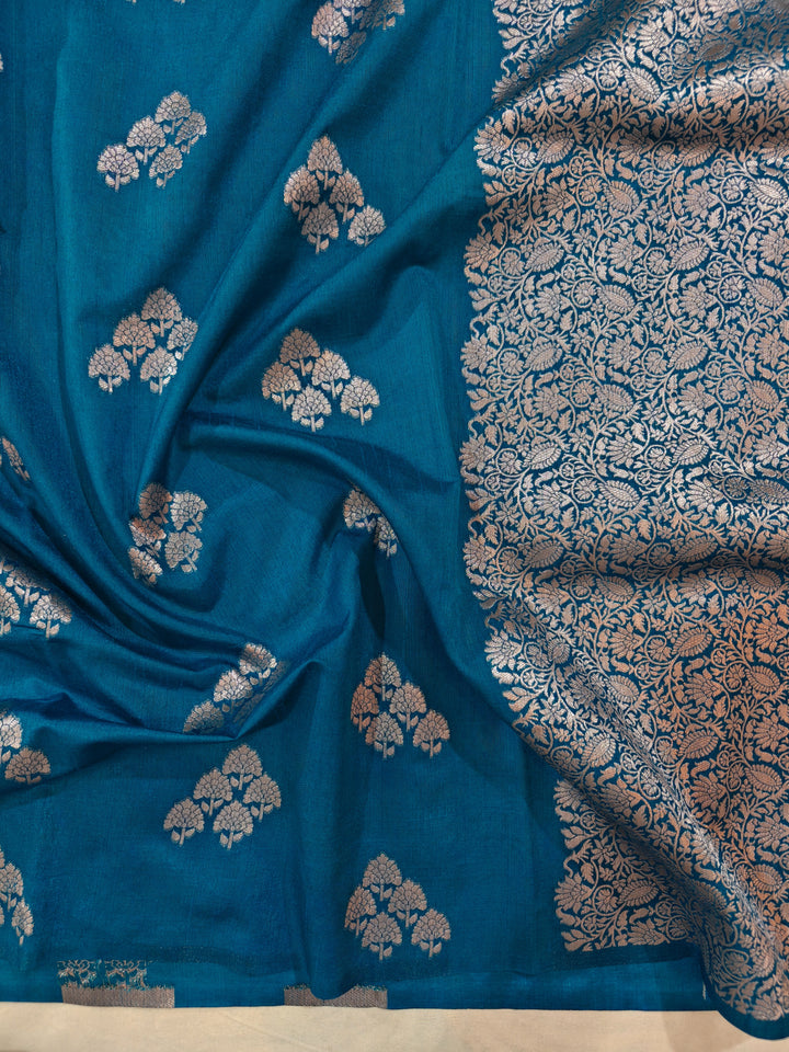 OCEAN BLUE SEMI SILK LINEN WITH BOOTA ALLOVER