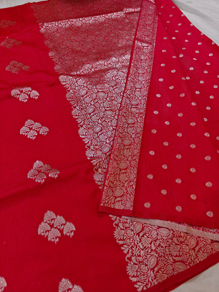 RED COLOUR SEMI SILK LINEN WITH BOOTA ALLOVER