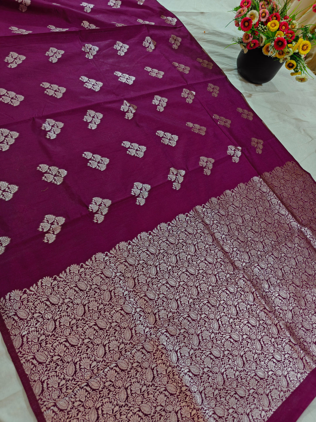 MAGENTA COLOUR SEMI SILK LINEN WITH BOOTA ALLOVER