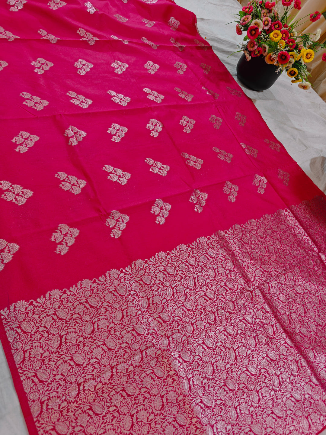 CHERRY RED SEMI SILK LINEN ALLOVER BOOTA