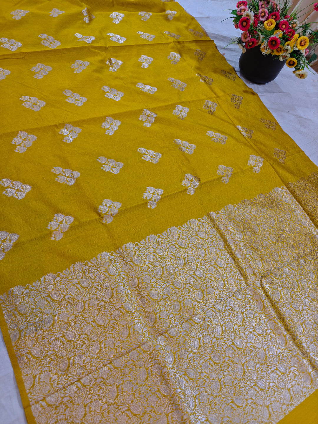 MUSTARD GOLD SEMI LINEN SILK WITH ALLOVER BOOTA