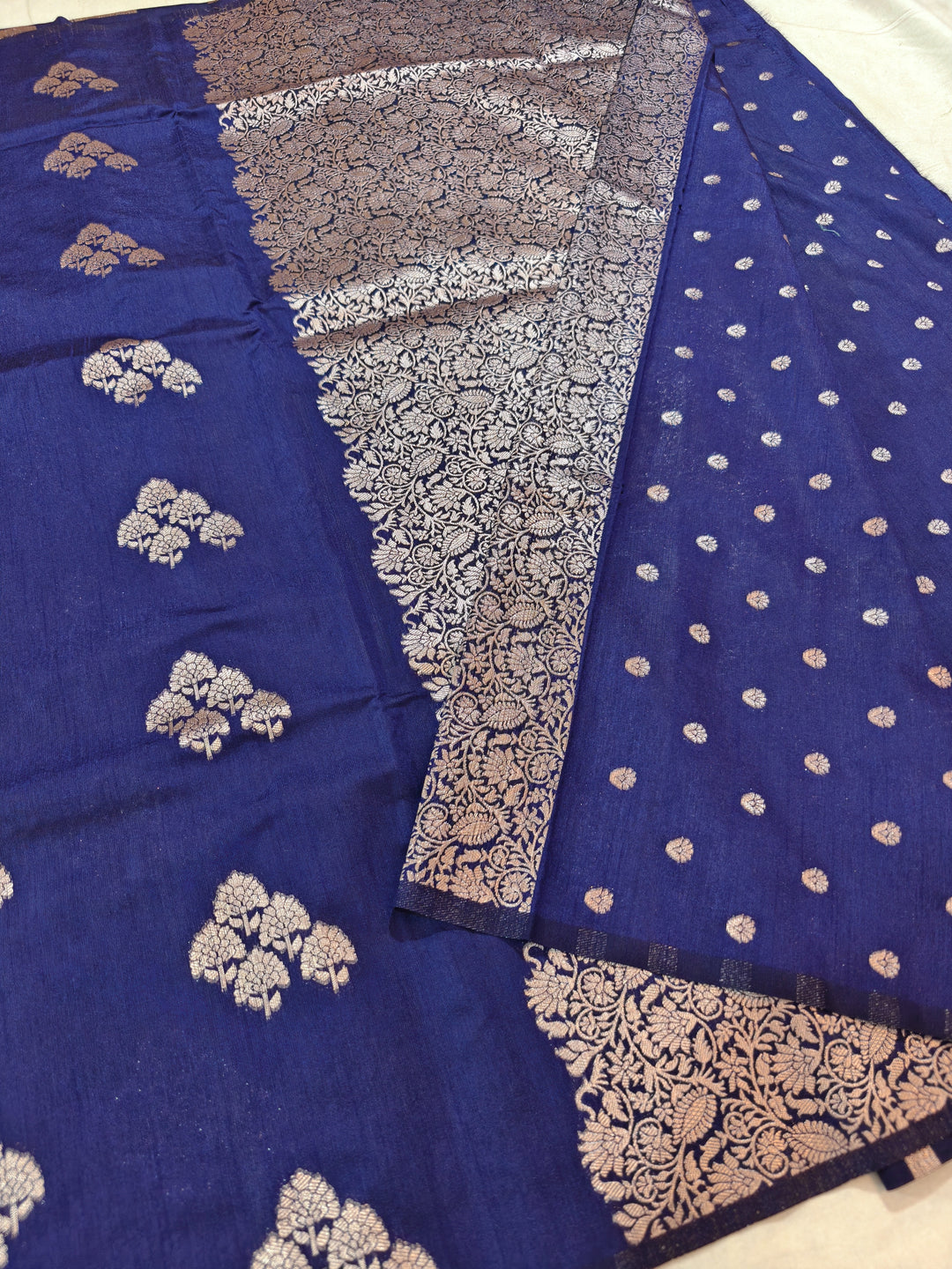 NAVY BLUE SEMI SILK LINEN WITH ALLOVER BOOTA