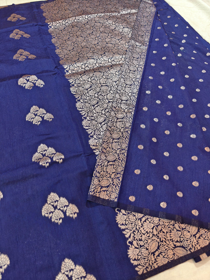NAVY BLUE SEMI SILK LINEN WITH ALLOVER BOOTA