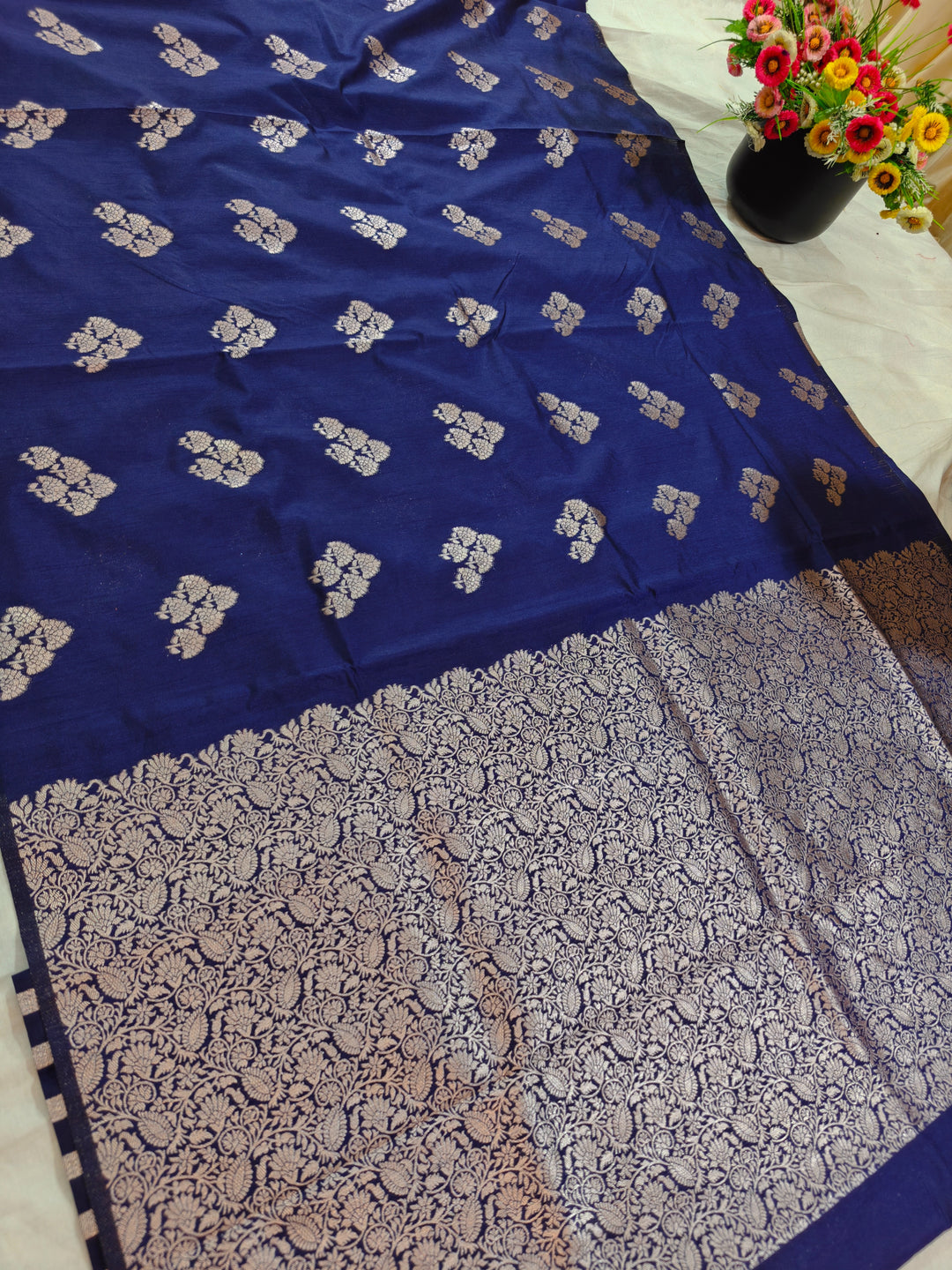 NAVY BLUE SEMI SILK LINEN WITH ALLOVER BOOTA