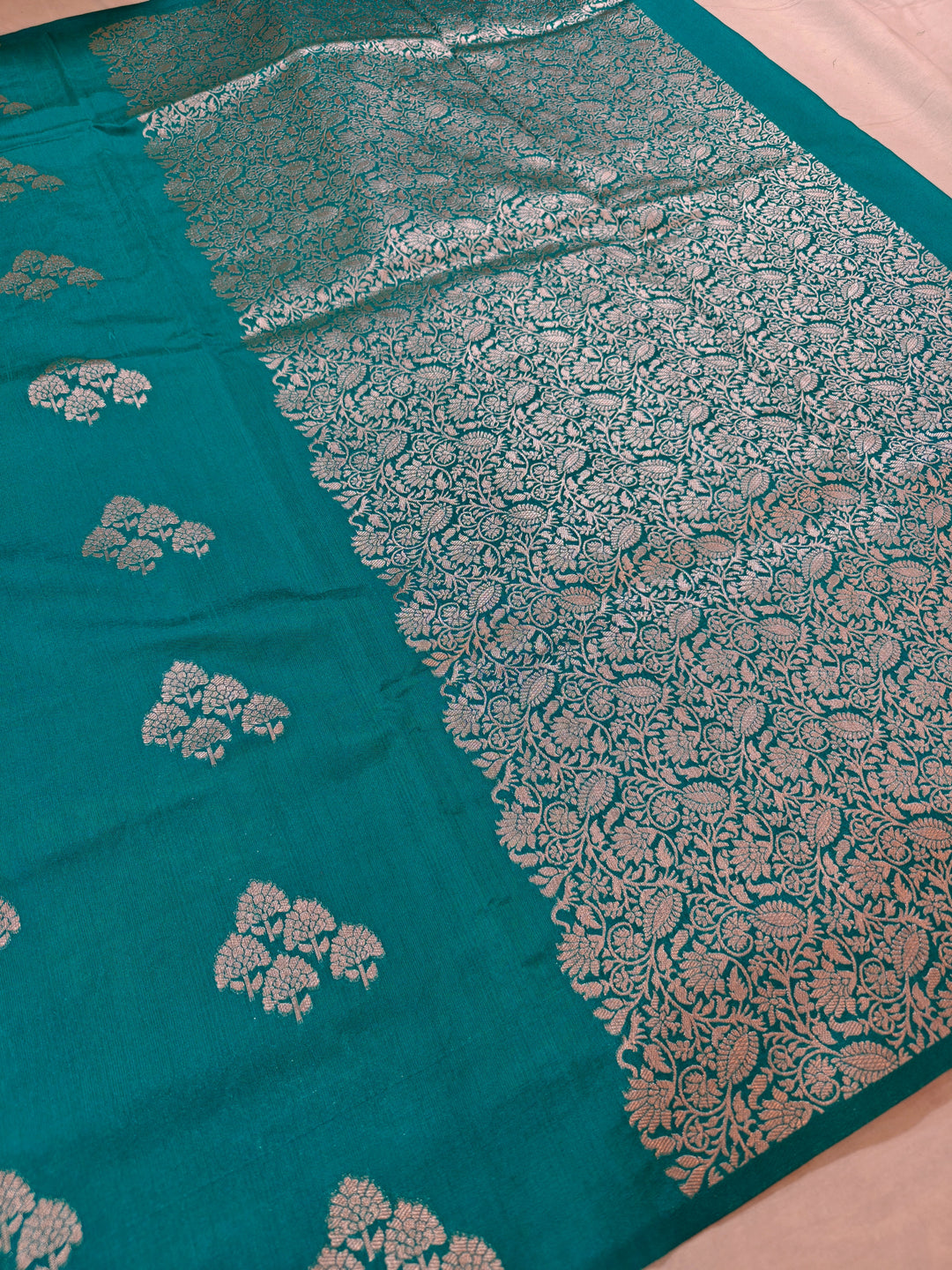 TORQOUISE BLUE SEMI SILK LINEN WITH ALLOVER BOOTA