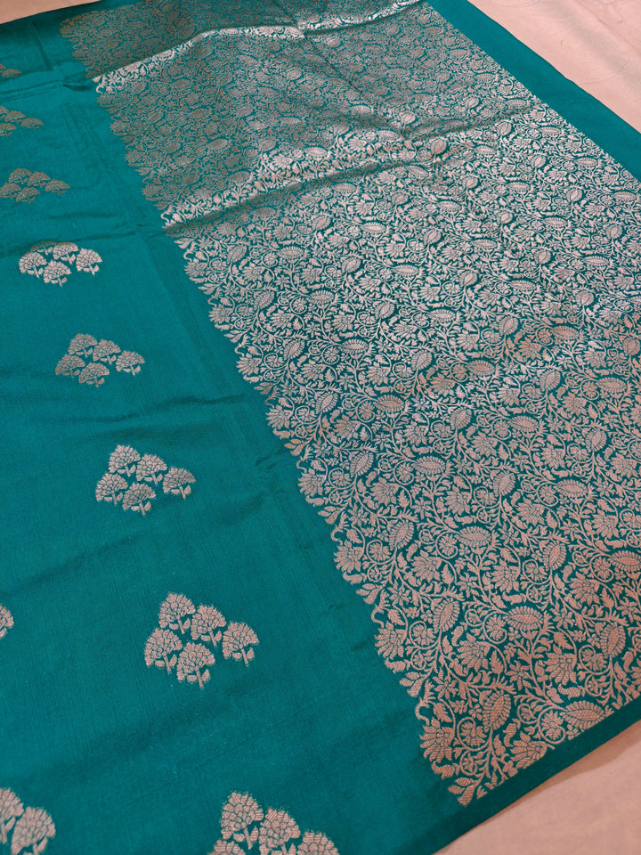 TORQOUISE BLUE SEMI SILK LINEN WITH ALLOVER BOOTA