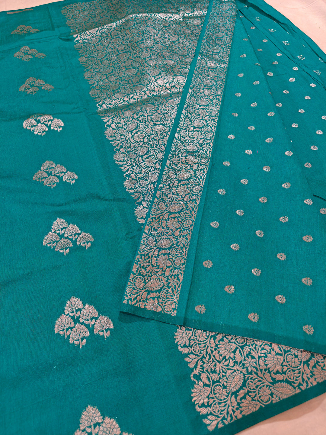 TORQOUISE BLUE SEMI SILK LINEN WITH ALLOVER BOOTA