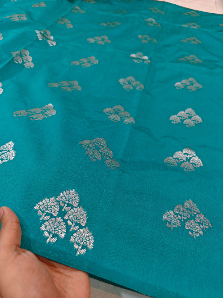 TORQOUISE BLUE SEMI SILK LINEN WITH ALLOVER BOOTA