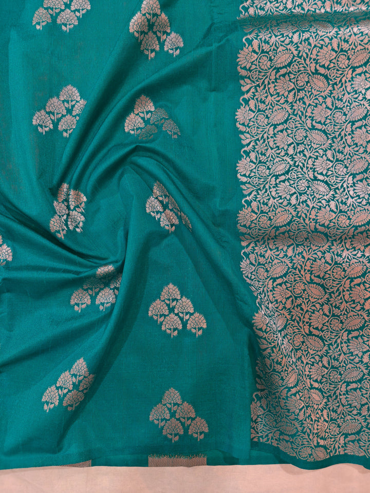 TORQOUISE BLUE SEMI SILK LINEN WITH ALLOVER BOOTA