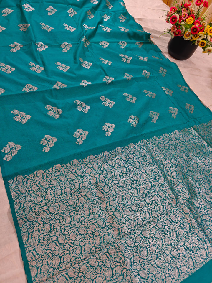 TORQOUISE BLUE SEMI SILK LINEN WITH ALLOVER BOOTA