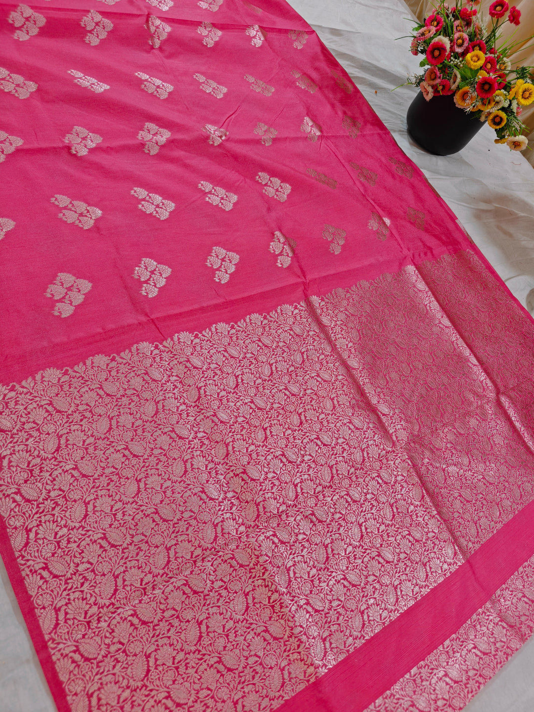 BABY PINK SEMI SILK LINEN WITH ALLOVER BOOTA