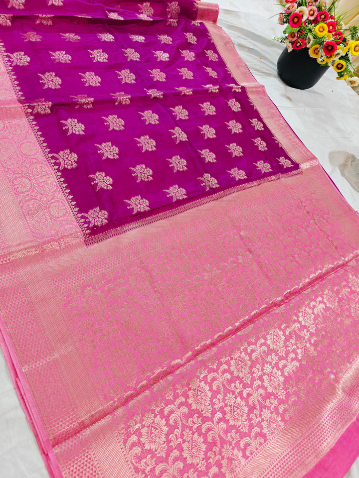 MAGENTA RUSSUAN SILK WITH BABY PINK BORDER