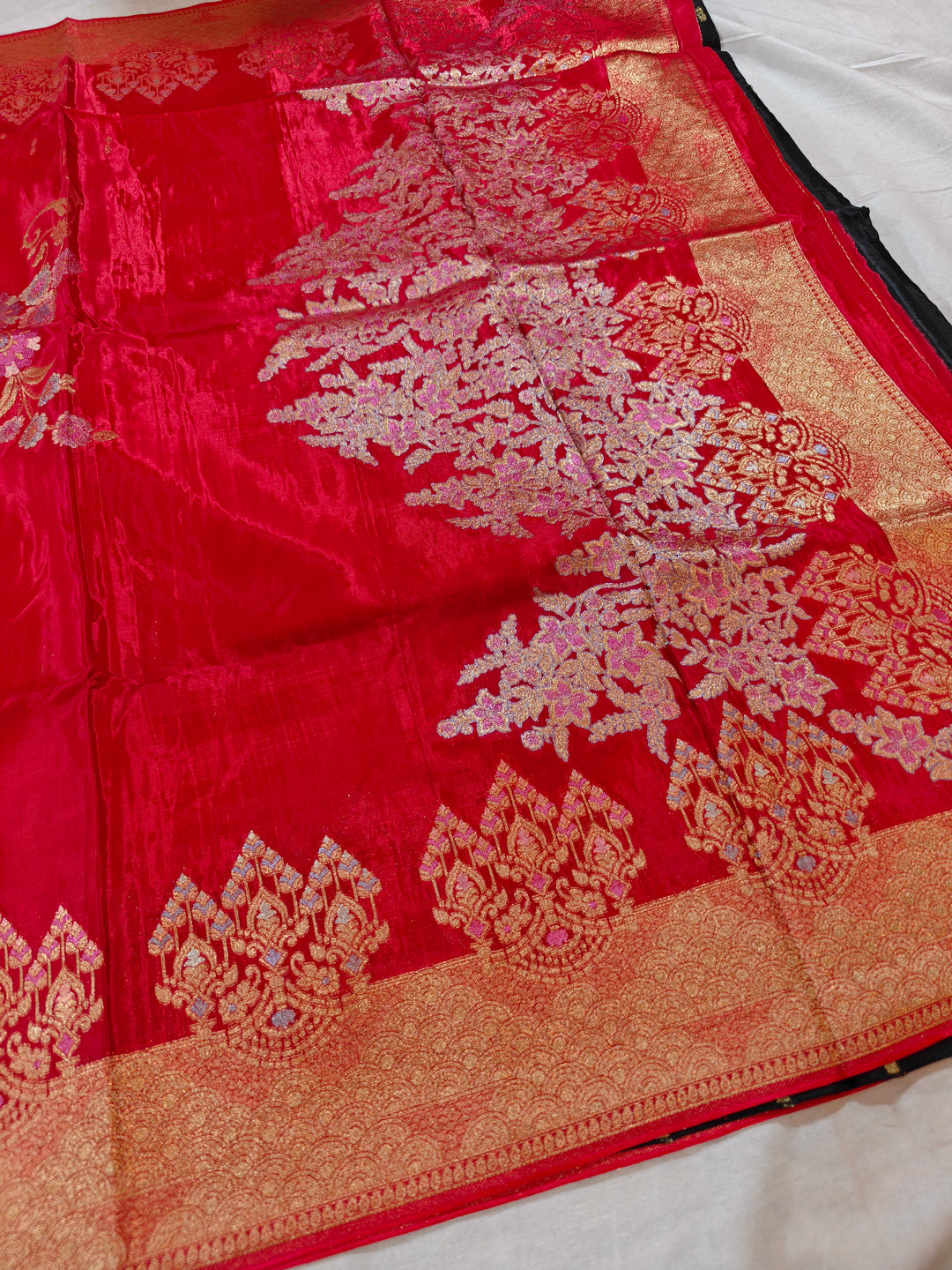 KOREAN SILK IN CHERRY RED WITH MULTI BOOTA