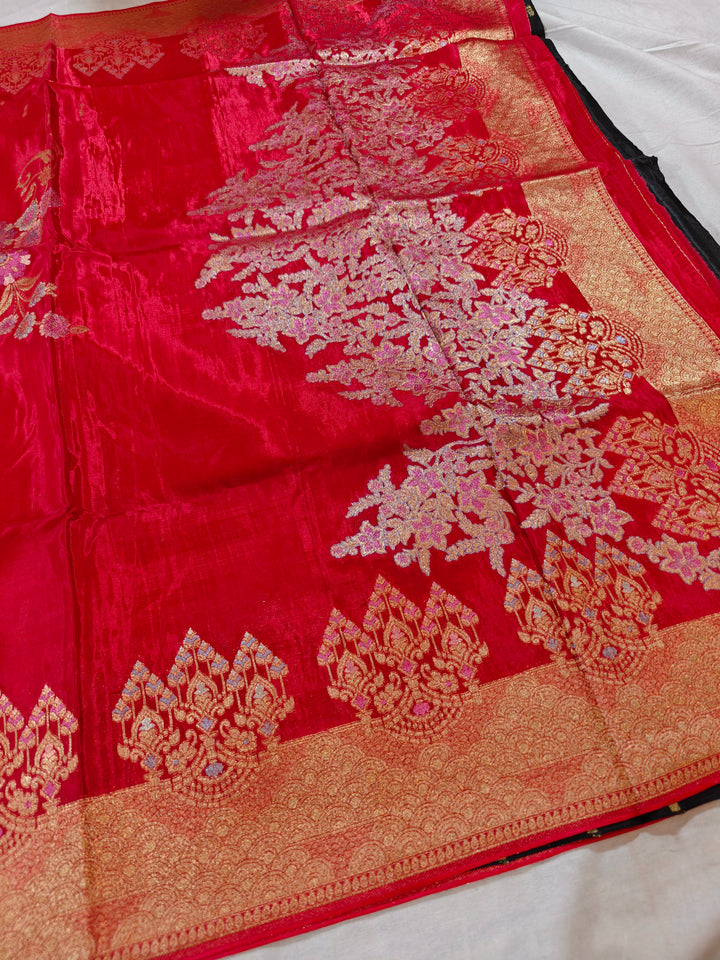 KOREAN SILK IN CHERRY RED WITH MULTI BOOTA