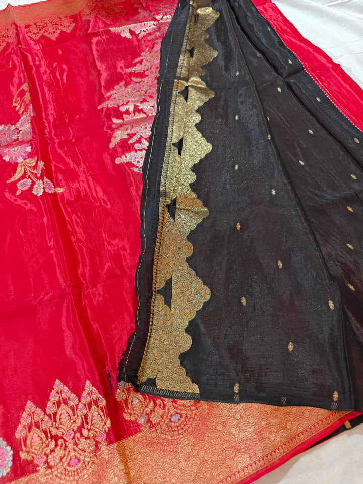 KOREAN SILK IN CHERRY RED WITH MULTI BOOTA
