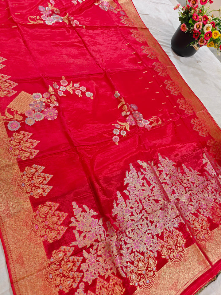 KOREAN SILK IN CHERRY RED WITH MULTI BOOTA