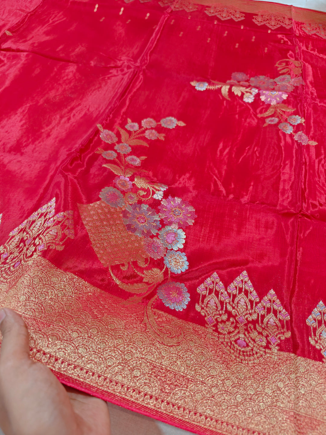 KOREAN SILK IN CHERRY RED WITH MULTI BOOTA