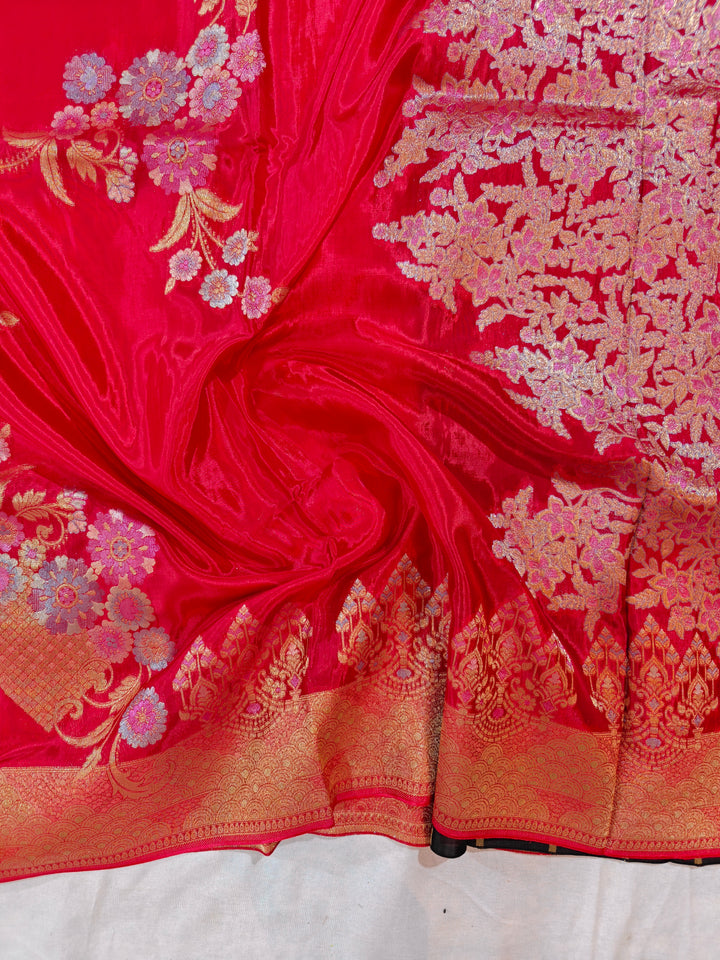 KOREAN SILK IN CHERRY RED WITH MULTI BOOTA