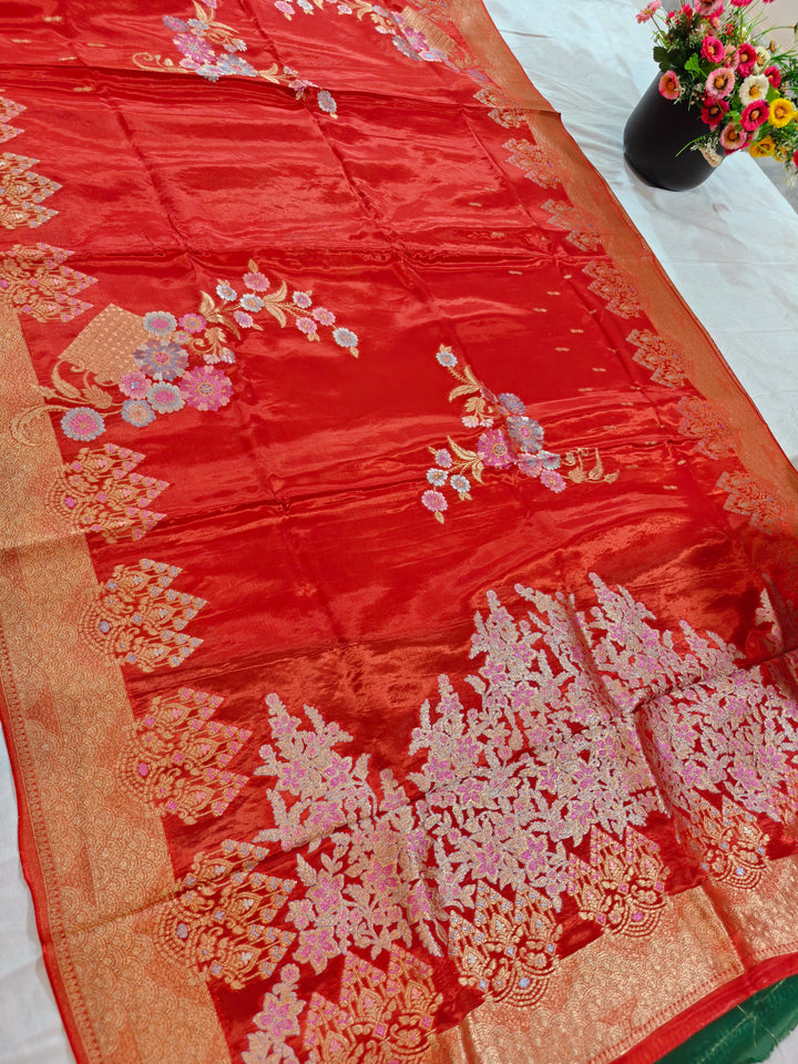 KOREAN SILK IN RED WITH MULTI BOOTA
