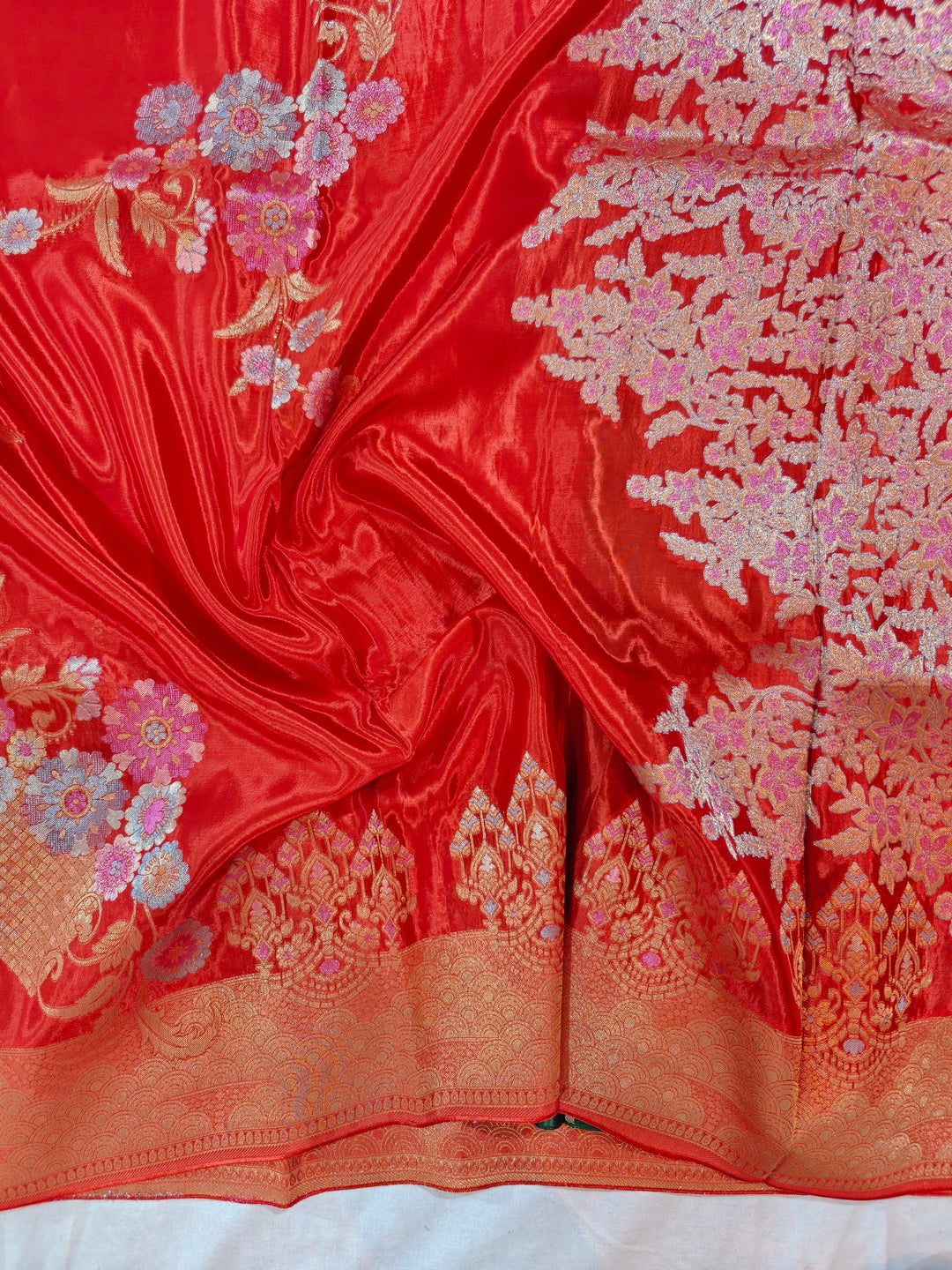 KOREAN SILK IN RED WITH MULTI BOOTA