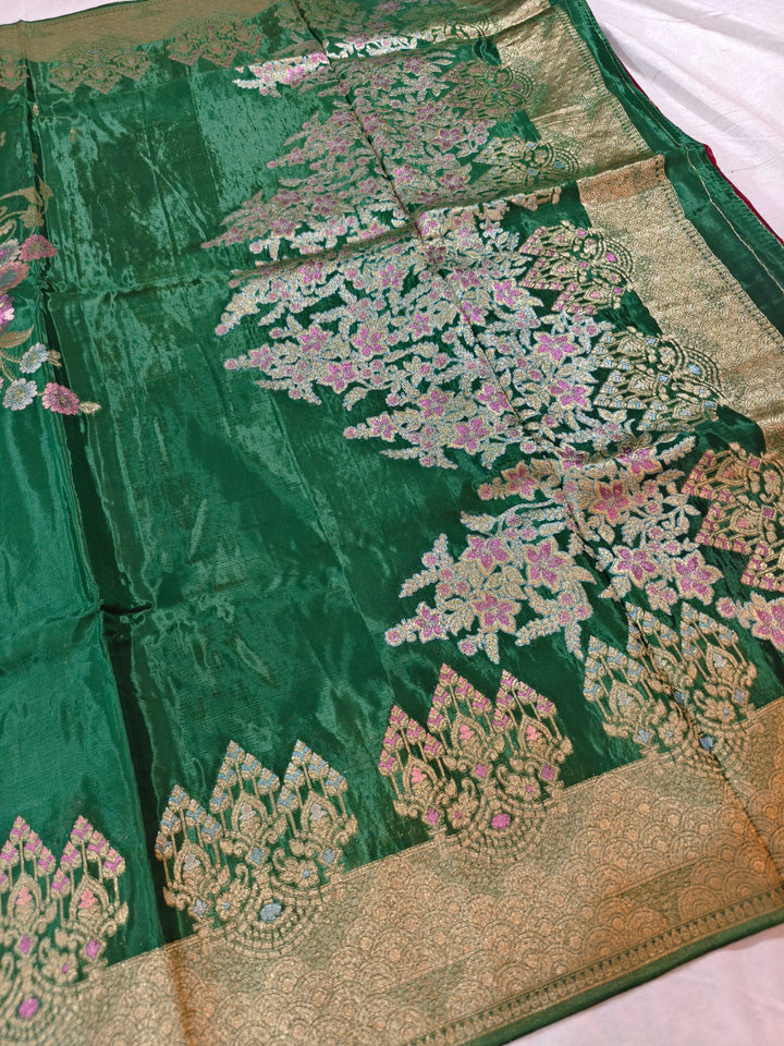 KOREAN SILK IN EMERALD GREEN WITH MULTI BOOTA