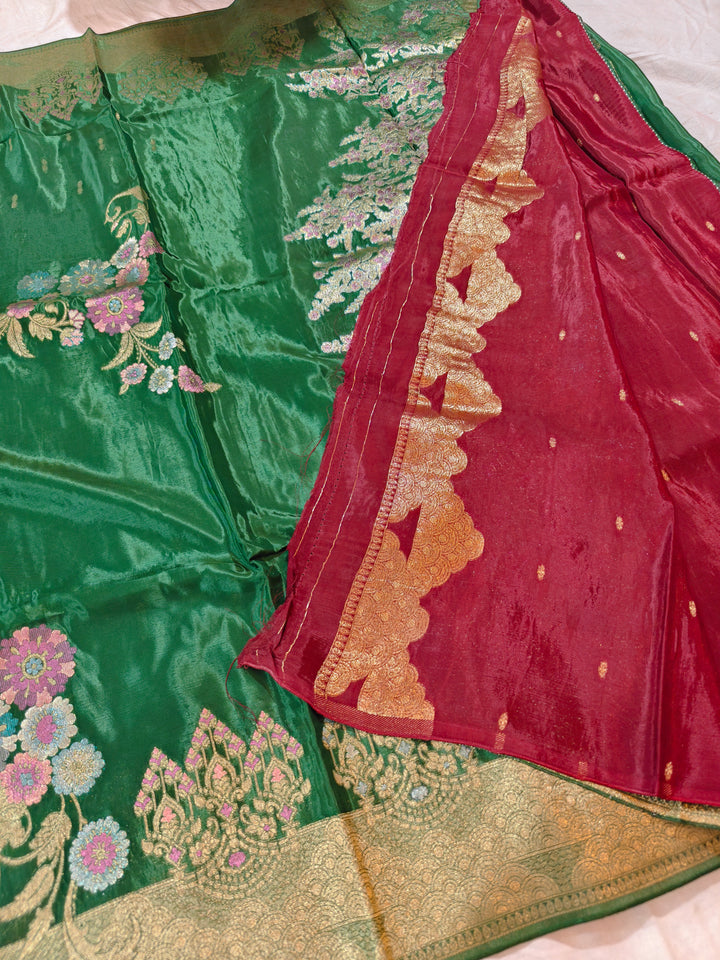 KOREAN SILK IN EMERALD GREEN WITH MULTI BOOTA