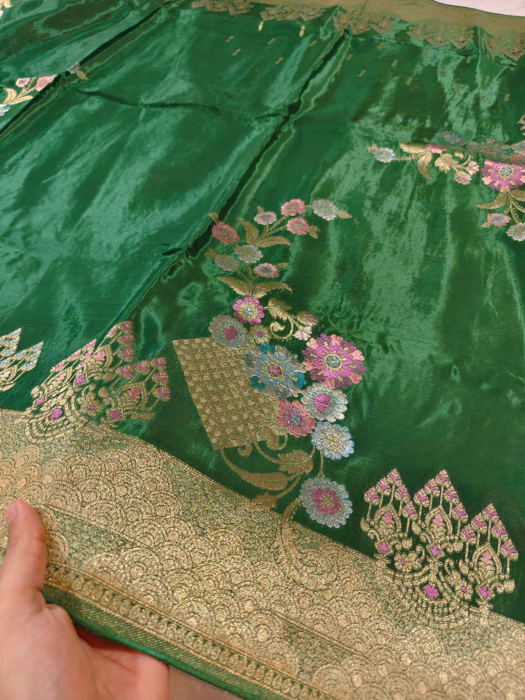 KOREAN SILK IN EMERALD GREEN WITH MULTI BOOTA