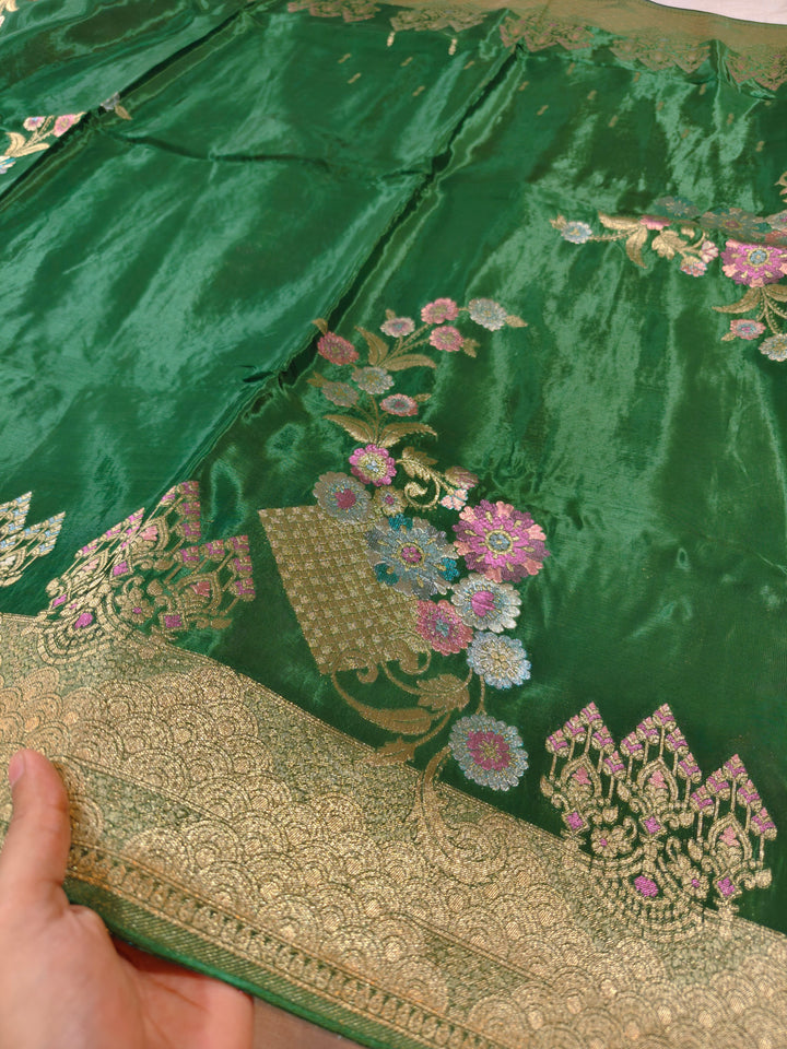 KOREAN SILK IN EMERALD GREEN WITH MULTI BOOTA
