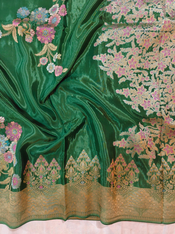 KOREAN SILK IN EMERALD GREEN WITH MULTI BOOTA