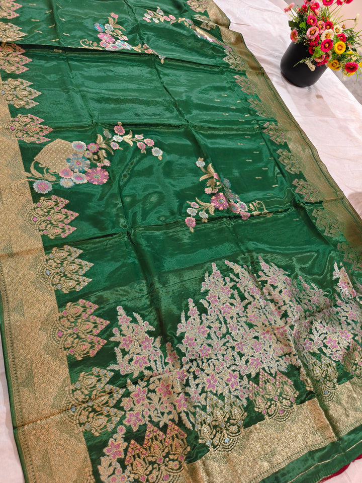 KOREAN SILK IN EMERALD GREEN WITH MULTI BOOTA