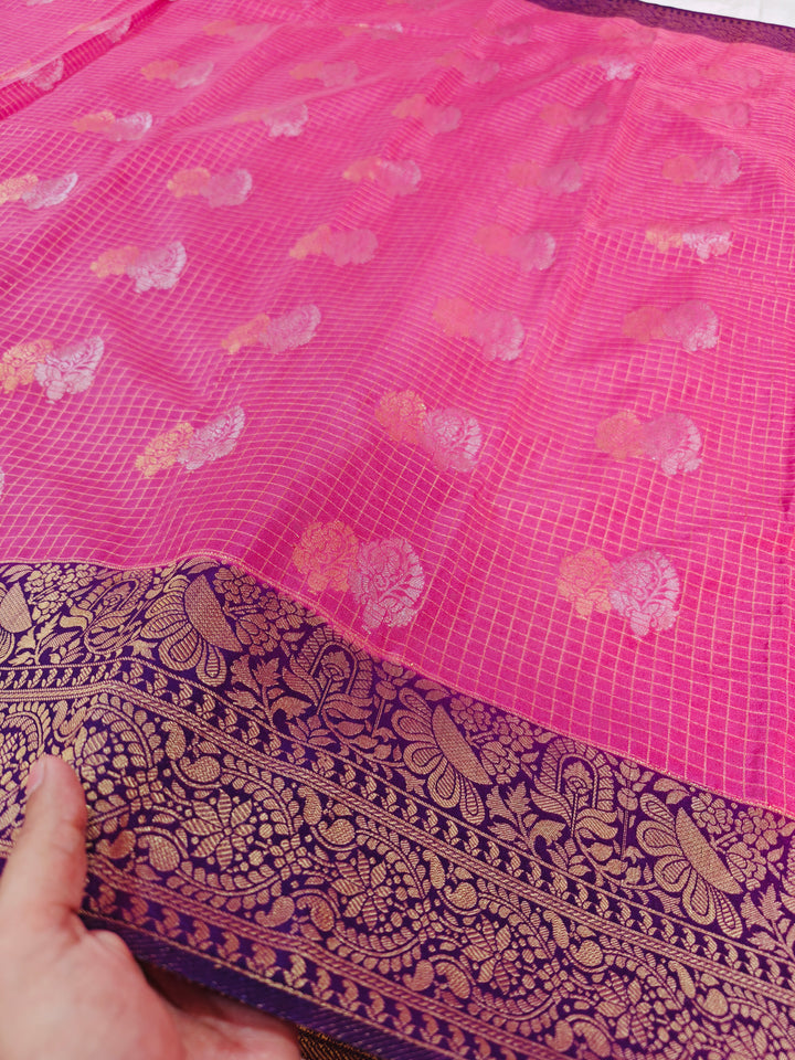 PINK CREPE GEORGETTE CHECKS WITH MAGENTA BORDER