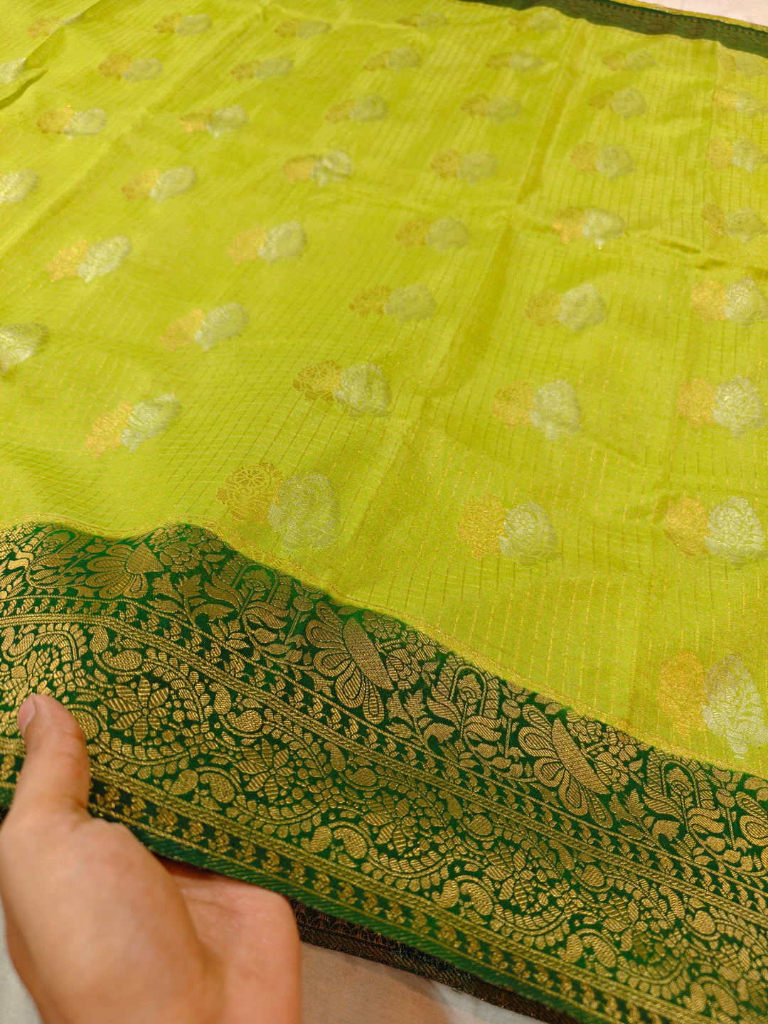 LIME YELLOW COLOUR CREPE GEORGETTE CHECKS WIT BOTTLE GREEN BORDER