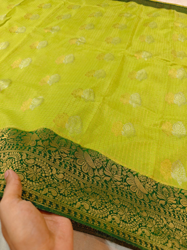 LIME YELLOW COLOUR CREPE GEORGETTE CHECKS WIT BOTTLE GREEN BORDER