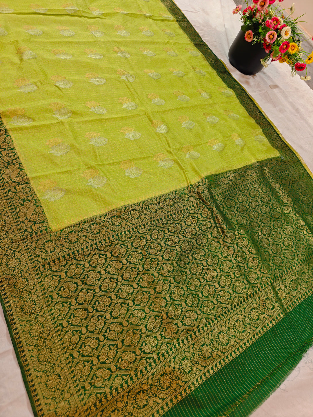 LIME YELLOW COLOUR CREPE GEORGETTE CHECKS WIT BOTTLE GREEN BORDER