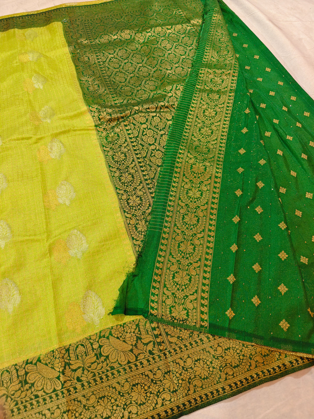 LIME YELLOW COLOUR CREPE GEORGETTE CHECKS WIT BOTTLE GREEN BORDER