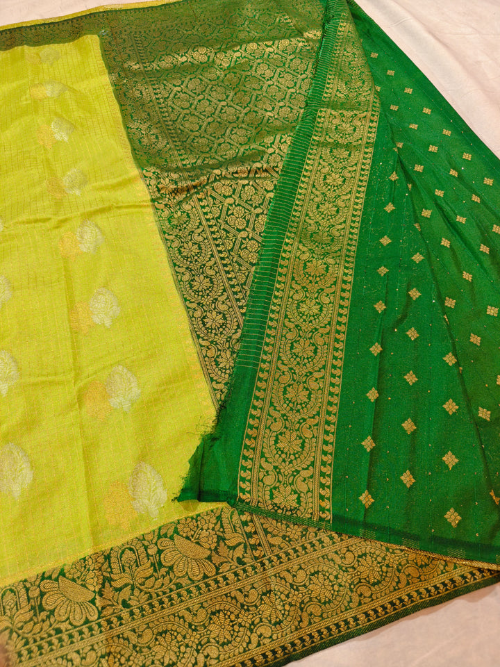 LIME YELLOW COLOUR CREPE GEORGETTE CHECKS WIT BOTTLE GREEN BORDER